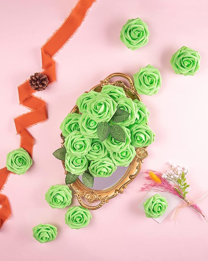 DuHouse 25Pcs Artificial Roses Flowers Fake Roses with Stems Real Touch Foam Flowers for DIY Wedding Bouquet Baby Shower Centerpiece Floral Arrangement Party Home Decor(Light Green)