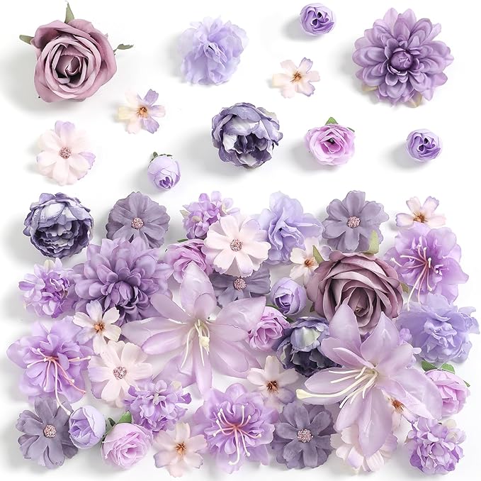 Fake Flower Heads for Crafts - Purple Silk Artificial Roses, Peonies, Daisies & Mini Floral Heads Bulk (48-Pack) for Wedding Decor, Graduation Cap, Cake Topper, Baby Shower, Home Decoration