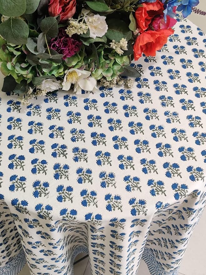 ATOSII Gulbahar Blue 100% Cotton Fall Round Tablecloth, Handblock Print Floral Table Cloth for Kitchen Dining Linen I Thanksgiving, Christmas, Weddings, Outdoors, Parties I 72" Inches Diameter