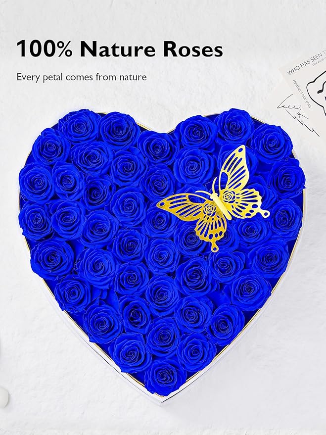 Eterfield 47 Forever Flowers in Heart Shape Box, Preserved Roses That Last a Year Preserved Flowers Birthday Gifts for Her Mom Women Wife Anniversary Valentines Day Mothers Day Christmas, Royal Blue