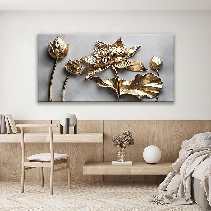 Floral Wall Art For Living Room Modern Canvas Art Wall Decor Print Painting Prints Pictures Gold Flower Wall Art Picture For Bedroom Hotel Home Wall Decor 24 X 48 Inch