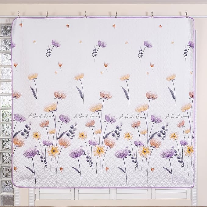 Dinjoy King Size Quilt Set Floral,3 Pieces Purple & Yellow Quilts Coverlet Set Boho Bedspreads Bed Cover Lightweight White Botanical Farmhouse Bedding Sets for Spring Summer Fall Winter(110"x90")