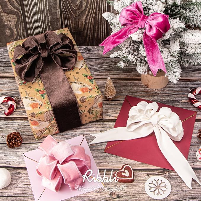 Ribbli Light Pink Velvet Wired Ribbon 1.5 Inch Velvet with Satin Christmas Ribbon for Gift Wrapping Christmas Tree Decoration Crafts Wreaths Supplies-Continuous 10 Yards