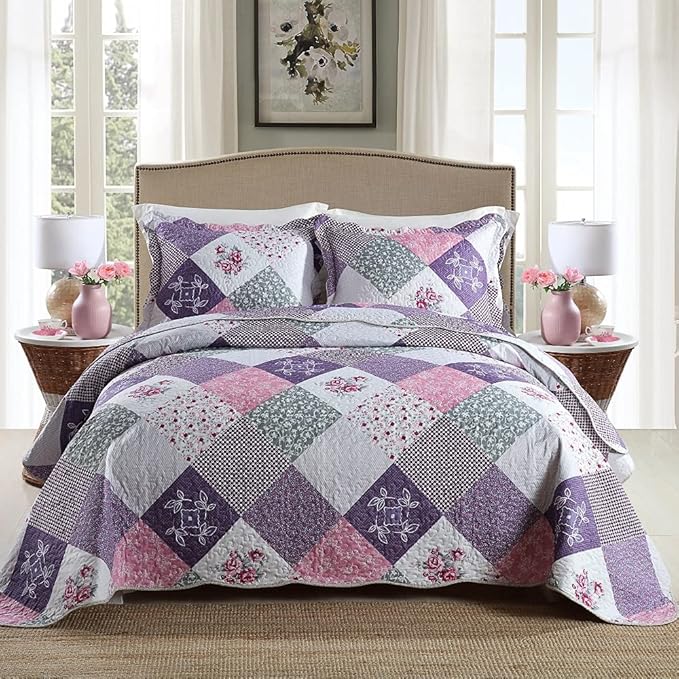 Travan Bedspread Quilt Set 3-Piece Lightweight Coverlet Set with Shams Reversible Quilted Bedding Set for All Season, Purple Floral, King Size
