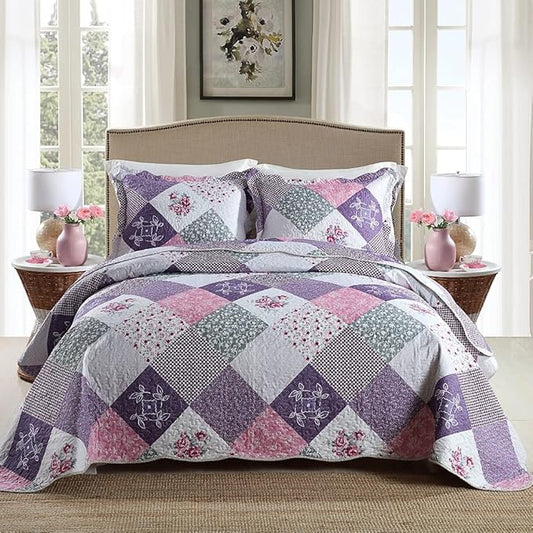 Travan Bedspread Quilt Set 3-Piece Lightweight Coverlet Set with Shams Reversible Quilted Bedding Set for All Season, Purple Floral, King Size