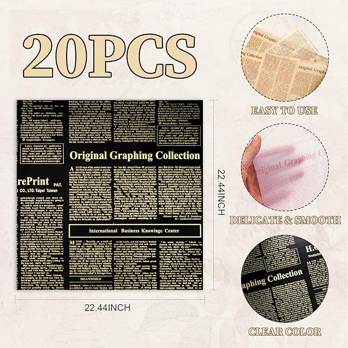 LeZakaa 20 Sheets Newsprint Flower Wrapping Paper, Waterproof Floral Bouquet Paper, Red & Gold Newsprint Design for Valentine's Day, Mother's Day, Birthday Party, Bridal Shower, Wedding, Baby Shower