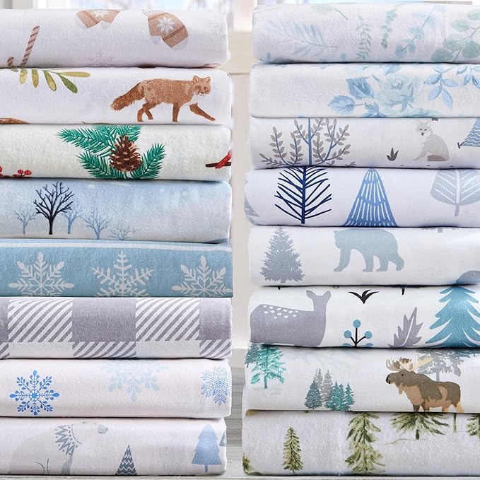 Market & Place 100% Cotton Queen Flannel Sheet Set | 4 Piece Deep Pocket Novelty Cozy Winter Bed Sheets | Double Brushed for Extra Softness & Comfort | Alpine Collection (Queen, Woodland Forest)