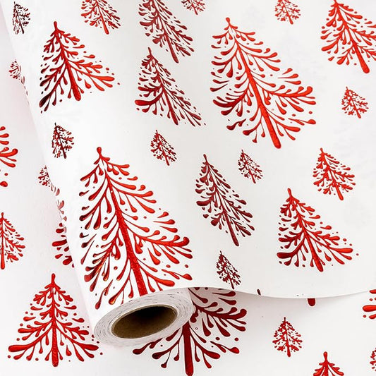 Flyhill Kraft Christmas Wrapping Paper-White 3D Embossed Gold Foil Christmas Pine Tree with Woodlands for Holiday, Party,Celebration, New Year (17 Inch X 32.8 Feet)