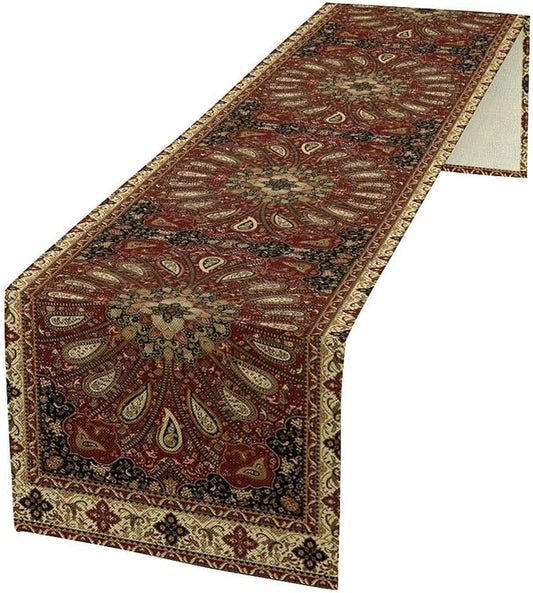 Boho Paisley Table Runner, Classic Traditional Red Gold Mandala Vintage Farmhouse Decor Table Runner for Kitchen Dining Festive Holiday Party Wedding Gathrting, 13x90 Inch