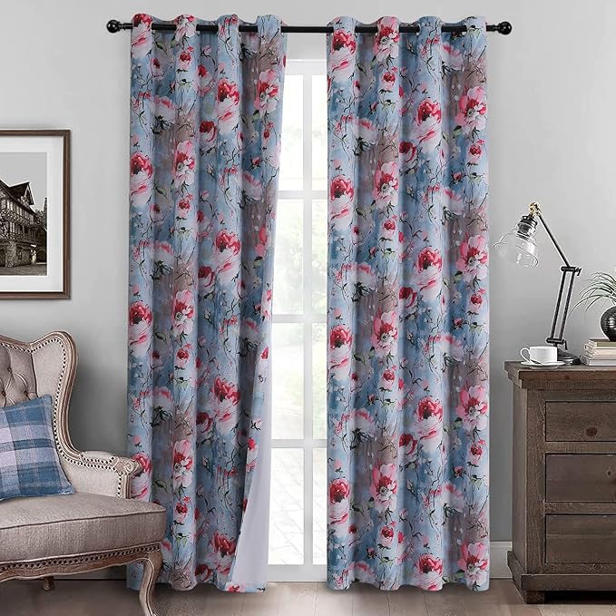 MYSKY HOME Vintage Curtains for Living Room, Floral Printed Thermal Insulated Drapes Panels with Grommet, 2 Panels, 52W x 95L Inch, Grey & Yellow