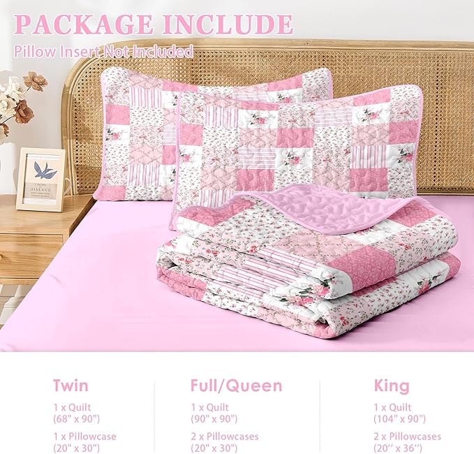 Quilt Set Full/Queen Size, Pink Patchwork Flowers 3 Pcs Soft Bed Cover Bedding Set, Garden Floral Lightweight Bedspread Coverlet with 2 Pillow Sham for All Season