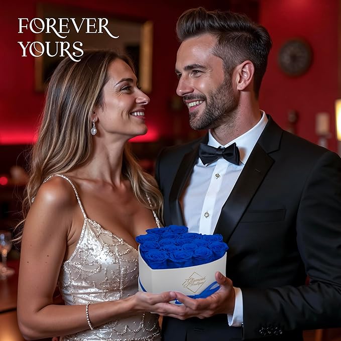 GLAMOUR BOUTIQUE Preserved Roses in a Box - Gifts for Her, Wife & Mom, Rose Flowers Forever Decor for Birthday Gift, Get Well Flower Bouquet Cased in White Box with Cover - Blue - 16-Piece