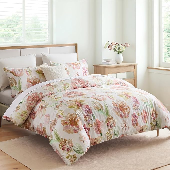 100% Cotton Duvet Cover Set Queen Size – Pink Watercolor Floral Bedding with Zipper Closure, 3-Piece Silky Soft Botanical Comforter Cover with 2 Pillowcases