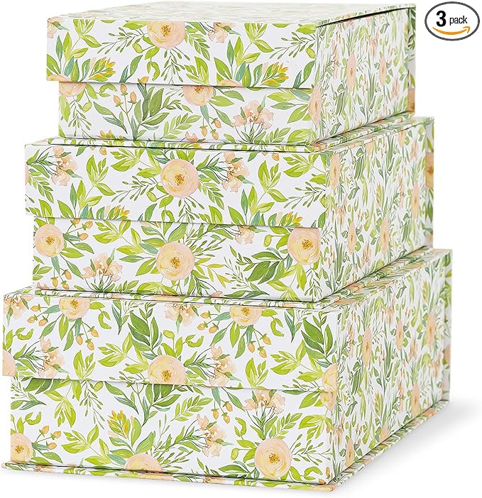 Soul & Lane Decorative Cardboard Storage Boxes, Set of 3 Floral Pattern Keepsake Boxes with Magnetic Closure, Nesting Memory Storage for Organizing and Home Décor, Garden Rose