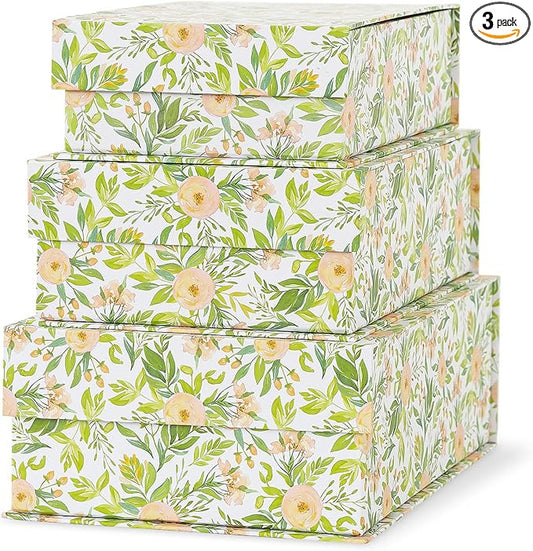 Soul & Lane Decorative Cardboard Storage Boxes, Set of 3 Floral Pattern Keepsake Boxes with Magnetic Closure, Nesting Memory Storage for Organizing and Home Décor, Garden Rose
