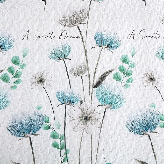 Dinjoy Floral Quilt Set California King Size,Teal Bedspread Farmhouse Bedding Set Soft Lightweight Summer Quilts 3 Piece White Oversized Bedspreads Flower Bed Sets (Cal King,112"x96")