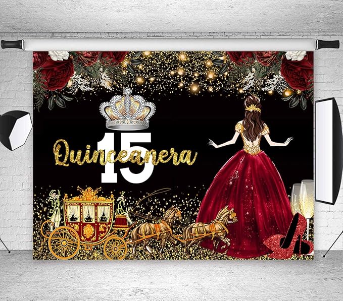 Red Dress Rose Flower Backdrops Quinceanera Birthday Backdrop for Girl Princess Happy 15th Bday Carriage Photography Props Cake Table Banner 7x5ft MBJLSLU37