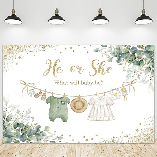 Riyidecor Sage Green Gender Reveal Backdrop Polyester Fabric He or She What Will Baby Be 5Wx3H Feet Boho Eucalyptus Watercolor Leaves Gold Dots Photography Background Baby Shower Photo Studio Shoot