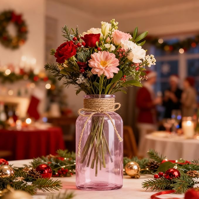 Vintage Glass Flower Vase，12 Pack Pink Farmhouse Glass Centerpiece Vases Mason Jars for Weddings, Parties & Home Decor Bulk (12, Pink)