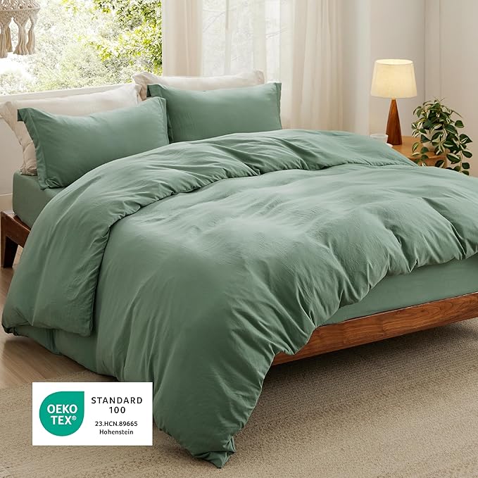Bedsure Duvet Cover Full Size with Fitted Sheet - 4 Pieces Prewashed Cotton-Like Extra Soft Bedding Set, Includes 1 Duvet Cover 80x90 Inches, 2 Pillow Shams, 1 Fitted Sheet, Sage Green