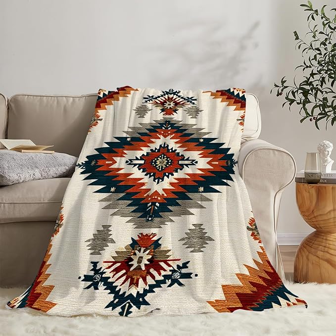 Boho Western Blanket Aztec Tribal Southwest Throw Blanket Southwestern Navajo Soft Cozy Fleece Fuzzy Stuffed Plush Flannel Gifts for Girls Women Boys Kids Adults 50''x60''