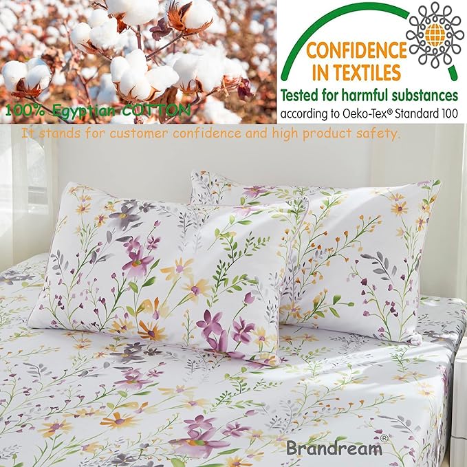 Brandream Garden Style Floral Bedding Elegant Watercolor Farmhouse Sheets Set Queen Size Luxury Bedding Collections 800 Thread Count 100% Egyptian Cotton Deep Pocket, 4 Piece