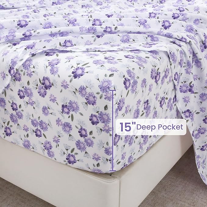 Softan Puple Floral Queen Sheet Set, 4-Piece Microfiber Printed Fitted Sheet with 15" Deep Pockets & Non-Slip Straps, White Flower Patterned Bedding Sheets & Pillowcase Set