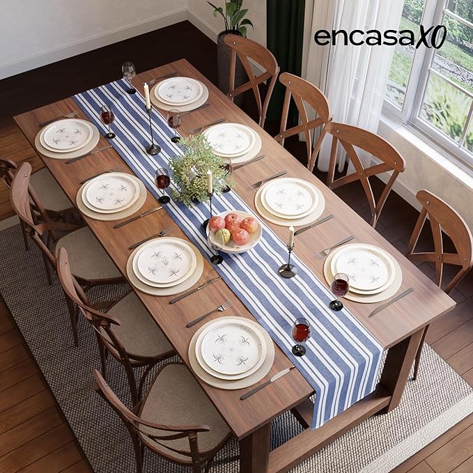 Encasa XO Cotton Dining Table Runner | Franca Blue Stripes | Size 13x104 in - Machine Washable & Durable