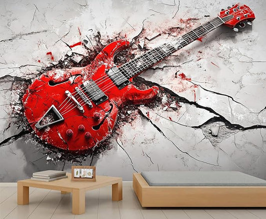 KIREUPA Red Electric Guitar Wall Mural, Grunge Style Guitar 3d Wall Murals, Rock Music 3D Explosion Wallpaper Mural, for Living Room Bedroom Large Wallpaper Indoor Decor 59" W x39.4 H