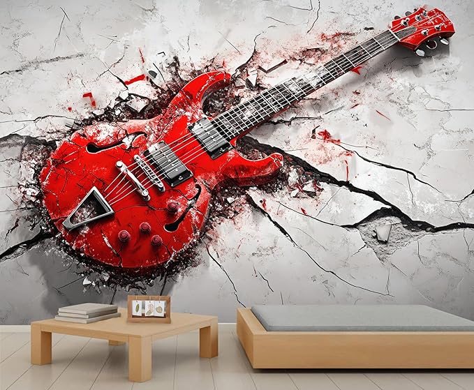 Red Electric Guitar Wall Mural, Grunge Style Guitar 3D Wall Murals, Rock Music 3D Explosion Wallpaper Mural, for Living Room Bedroom Large Wallpaper Indoor Decor 177.16" W x120 H