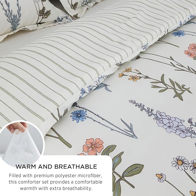 Bedsure Comforter Set King Size - Cute Floral Bedding Comforter Set, 3 Pieces, 1 Soft Reversible Coconut White Botanical Flowers Comforter and Pillow Shams
