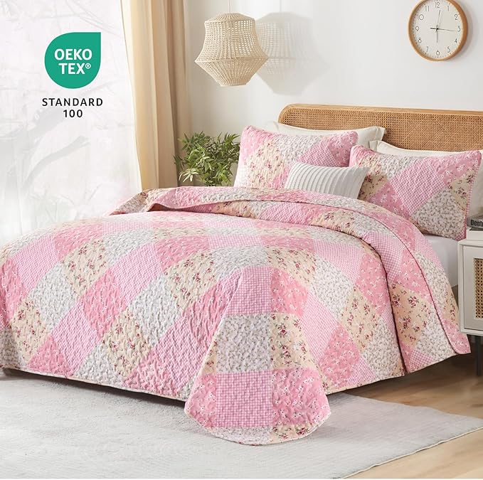 Dinjoy Pink Quilt Set Queen Size, Reversible Floral Plaid Patchwork Pattern Bedding Set Soft Microfiber Lightweight Bedspread Coverlet 3 Piece Spring Summer Use (90x96 inches)