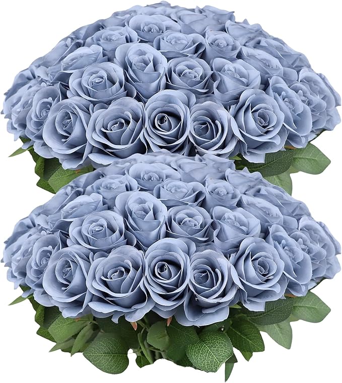 50pcs Roses Artificial Flowers Dusty Blue Silk Roses with Long Stems Fake Flowers for Wedding Bouquet Centerpices Decorations Party Bridal Baby Shower Home Decor