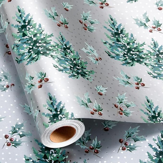 MAYPLUSS Christmas Wrapping Paper Roll - 17 Inch X 33 Feet - Metallic Gift Wrapping Paper Christmas Tree Holly Reversible Red for Holiday Party New Year Kids