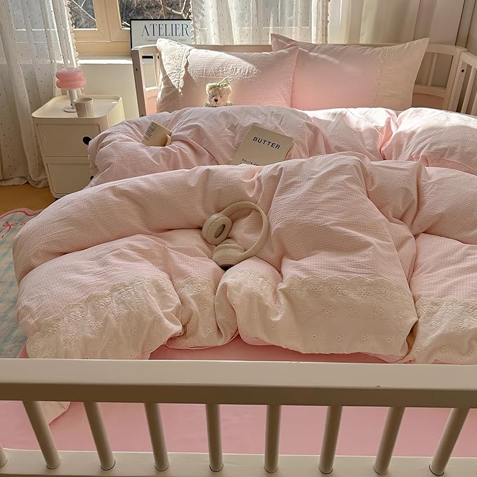 VM VOUGEMARKET Pink Gingham Comforter Set Queen 3 Pieces Lace Bedding Set Simple Cozy Plaid Checkered Comforter Quilt with 2 Lace Pillowcases for Girls Women