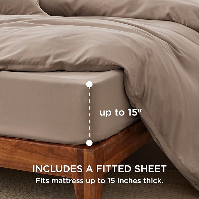 Bedsure Duvet Cover King Size with Fitted Sheet - 4 Pieces Prewashed Cotton-Like Extra Soft Bedding Set, Includes 1 Duvet Cover 104x90 Inches with Zipper Closure, 2 Pillow Shams, 1 Fitted Sheet, Khaki