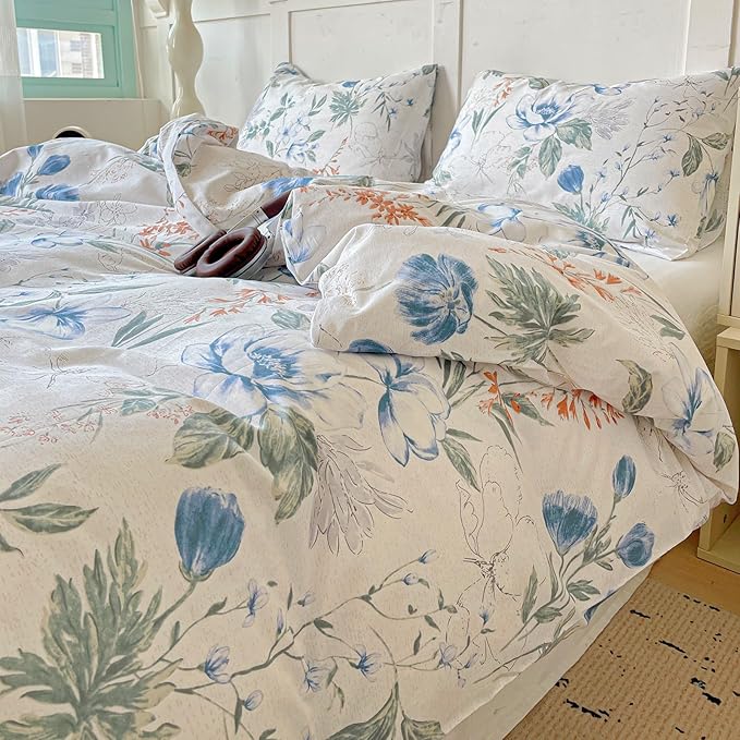 EAVD Vintage Style Botanical Floral Duvet Cover Twin Soft Cotton Chic Shabby Garden Colorful Floral Bedding Set with 2 Pillowcases Fresh Spring Botanical Duvet Cover with Zipper Closure