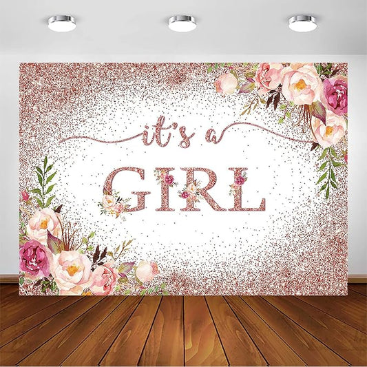 Avezano Rose Gold Baby Shower Backdrop for Girls Party Blush Pink Floral It's a Girl Baby Shower Photography Background Rose Gold Glitters Confetti Decoration Photoshoot Events Banner (10x7ft)