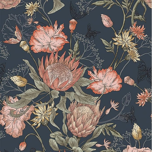 Floral Wallpaper Peel and Stick Floral Contact Paper Dark and Pink Vintage Wall Paper Removable Self Adhesive Vinyl Stick on Wallpaper for Bathroom Bedroom Decor 17.3in x 118in