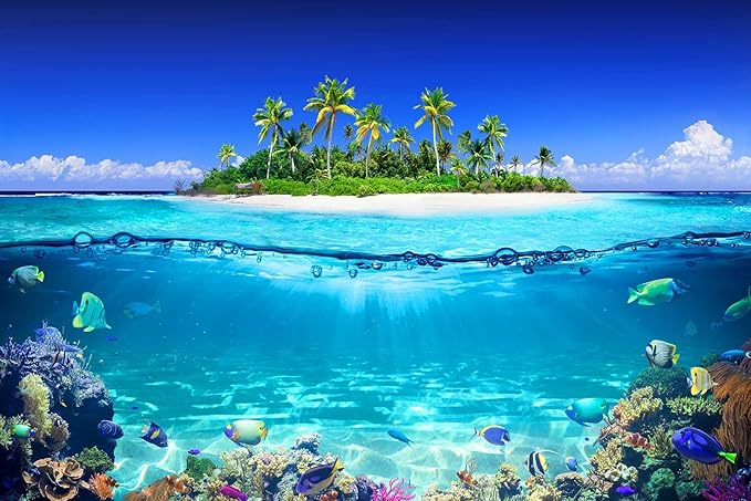 Tropical Islands and Coral Reefs, Waterline Split Landscape Mural, Beach Coconut Tree Wall Mural（Non-self-Adhesive）