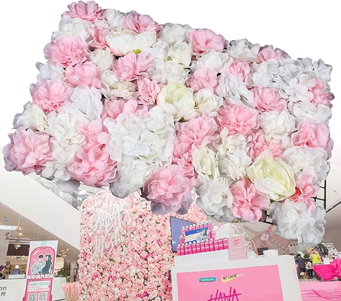 Eapmic 6Pcs 23.62"x 15.74"x 0.79" Artificial Flower Wall Panels,Flower Wall Mat Silk Flower Panels for Outdoor Garden Backyard Fence Fence Privacy Screen and Indoor Wall Decor(White+Pink)