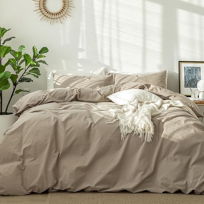 MooMee Bedding Duvet Cover Set 100% Washed Cotton Linen Like Textured Breathable Durable Soft Comfy (Solid Mocha Brown, Super King Plus 120"x120")