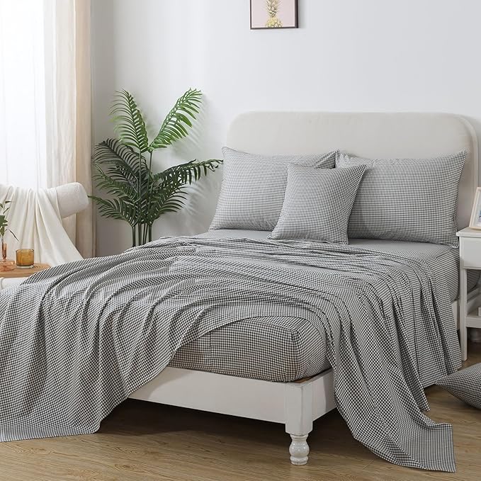 FADFAY Black Plaid Twin Size Sheets 100% Cotton Geometric Checker Bedding Teens Grid White Gingham Pattern College Bedding Deep Pocket Sheets with 2 Pillowcases Ultra Soft 4pcs, Twin Size