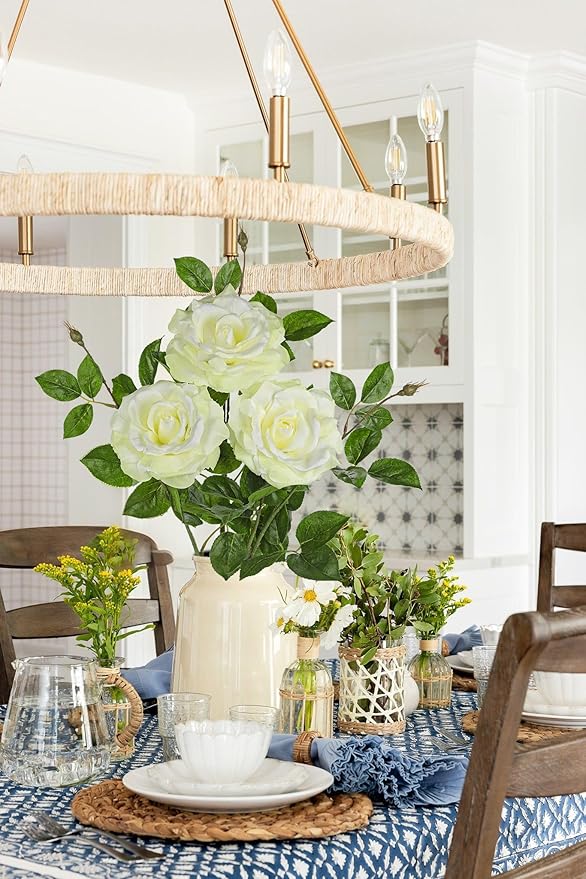 Hollyone 3Pcs White Roses Artificial Flowers Bouquets 26.3" Rose Fake Flower Arrangements Silk Flowers with Long Stem Floral Branch Faux Roses Flowers for DIY Wedding Table Centerpieces Home Decor