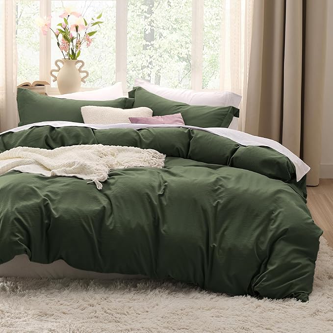 Bedsure Olive Green Duvet Cover Queen Size - 3 Pieces Prewashed Cotton-Like Extra Soft Bedding Set, Includes 1 Duvet Cover 90x90 Inches with Zipper Closure & 2 Pillow Shams, Comforter Not Included