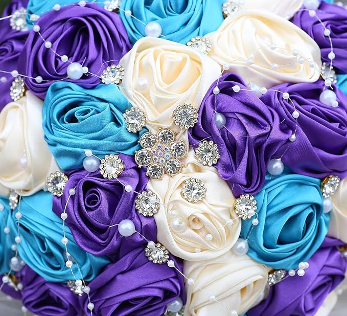 Bridal Wedding Bouquet Round Bling Brooch Bouquet Throw Toss Artificial Rose Flower Bunch for Bride Bridesmaid Wedding Quinceanera(Teal Blue, Purple & Cream, 7.5")