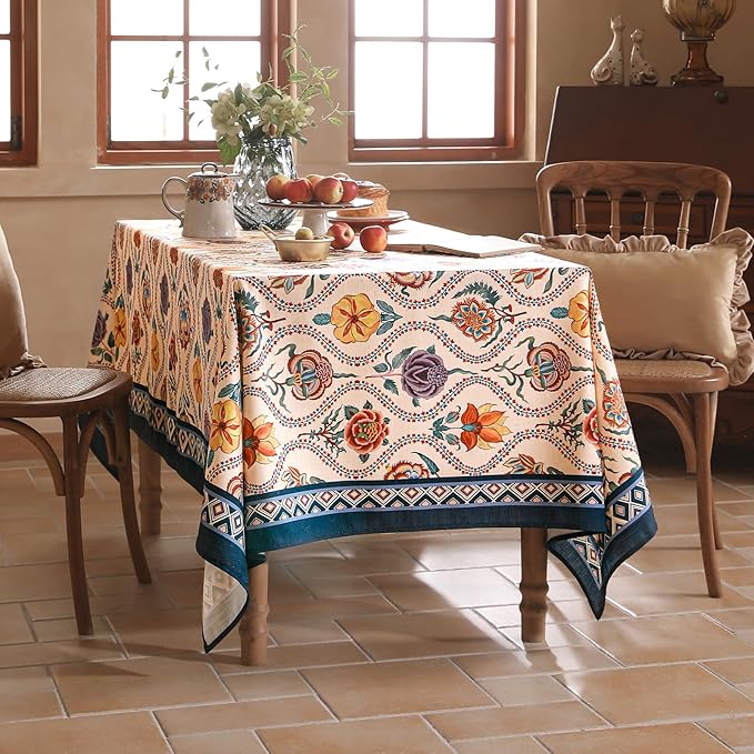 Vintage French Small Square Tablecloth,Linen Durable Tablecloth with Rose and Cornflower Pattern,Decorative Table Cover for Kitchen,Dining,Thanksgiving,Living Room,55" × 55"-Lanae