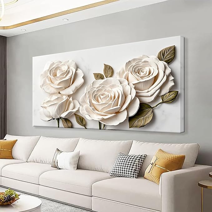 Suconvng Canvas Art Wall Decor Floral Wall Art For Living Room Modern Canvas Wall Decor Prints Pictures For Wall White Flower Wall Art For Hotel Home Artwork 24x48 Inch