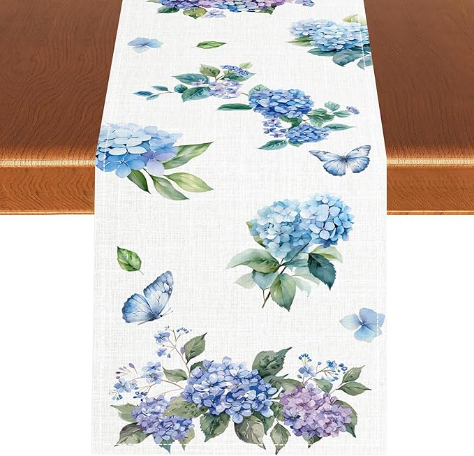 Blue Floral Table Runner, Spring Summer Watercolor Hydrangea Flower Butterfly Country Farmhouse Coffee Table Center Decor for Home Kitchen Dining Patio Holiday Party Table Decorations 13x90 inches