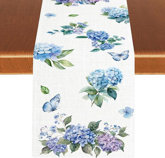 Blue Floral Table Runner, Spring Summer Watercolor Hydrangea Flower Butterfly Country Farmhouse Coffee Table Center Decor for Home Kitchen Dining Patio Holiday Party Table Decorations 13x36 inches